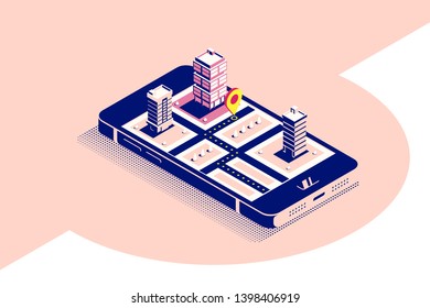 Flat style concept banner for mobile navigation. Smartphone in isometric 3D view with map and pointer on it's screen. Flat style illustration.