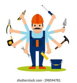 Flat style concept of handyman worker with 8 hands and tools for house maintenance repairs and renovation vector illustration