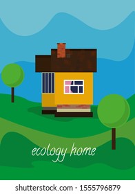Flat style concept. Infographic template. Green and ecology house with buildings projects. Icons Horizontal Banner. Small green house on beautiful lawn against distant forest trees
