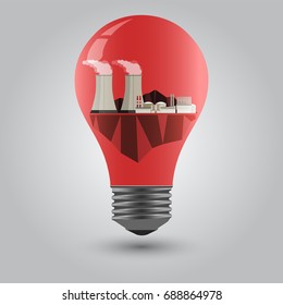 flat style concept of nuclear power plant models in red light bulb on gray background, clean energy, natural energy, vector illustration, infographic