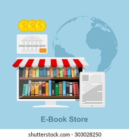 flat style concept for online book store, pc screen with book shelves, tablet with text on screen, credit card, coins