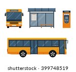 Flat style concept of public transport. Set of city bus with front and side view, bus stop and ticket machine. Isolated vector illustration.
