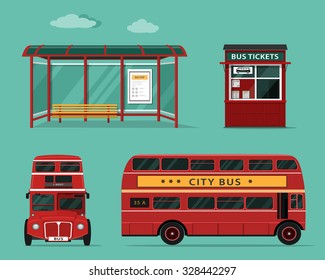 Flat style concept of public transport. Set of city bus with front and side view, bus stop, street ticket office. Isolated vector illustration