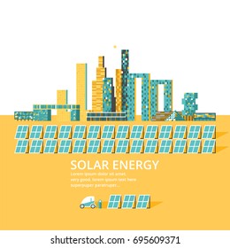 Concepto plano de energía solar renovable. Imagen de baterías solares con silueta de ciudad al fondo.