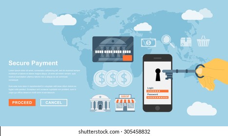 flat style concept for secure online payment, mobile payment, internet banking
