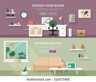 Flat Style Concept Set Of Interior Design Room Types. Web Banner Vector Illustration 