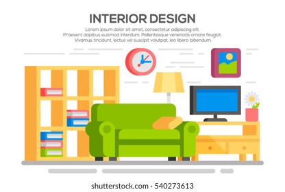 Flat style concept set of interior design room types. Living room with furniture. Colorful vector interior design room.