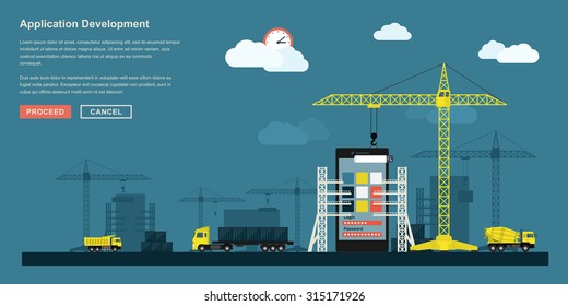 flat style concept for smartphone application development working process, metaphorical representation of app development workflow like industrial construction with lifting cranes, trucks etc.