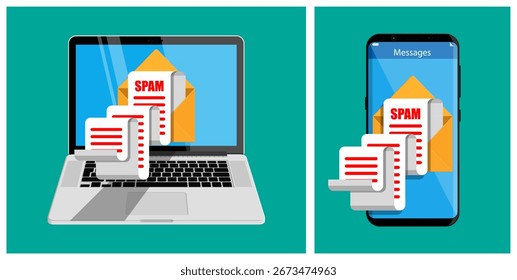 Flat style concept of spam messages. Emails with spam coming from an envelope on a laptop and smartphone screens. Unwanted mail.