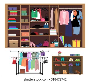 Flat Style Concept Of Wardrobe For Women. Stylish Closet With Fashion Clothes, Shoes And Bags. Set Of Hangers With Clothes Isolated Vector Illustration