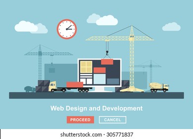 flat style concept for web design working process, metaphorical representation of web design workflow like industrial construction with lifting cranes, trucks etc.