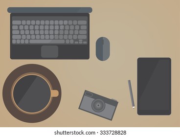 Flat style concept of a work-space. Top view vector illustration.