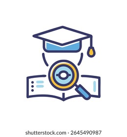 A flat style conceptual illustration shows a graduation cap, book and magnifying glass. The composition creates visual depth.