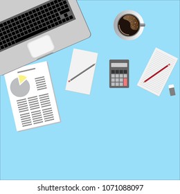 Flat Style Contemporary Design. Top view of the office workplace. 