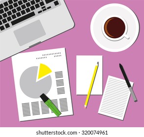 Flat Style Contemporary Design. Top view of the office workplace. Icon of a laptop keyboard, coffee cup, pencil, papers