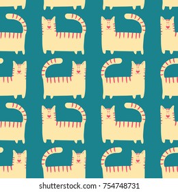 Flat style cool cats seamless pattern. Funny drawing kitty background. Pet wallpaper. 