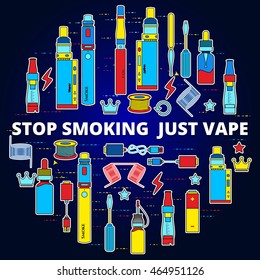 Flat Style, corporate design,  Thin Line ,  template vector e-cigarette . advertising and sales. for design.  vape, Concept, elements are in a circle