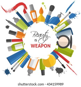 Flat style cosmetic background with quote - Beauty is weapon