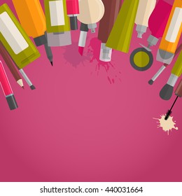Flat style cosmetic and makeup banner or poster template with place for text. Cosmetic products isolated on pink background.
