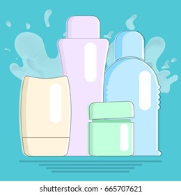 Flat style cosmetic products on blue background. 