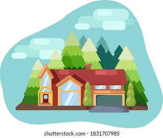 flat style cottage surrounded by forest, cozy landscape in soft colors