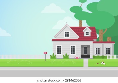 Flat style countryside house with postbox on lawn concept. Architecture design elements. Build your world collection. 