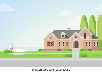 Flat style countryside mansion house with backyard on lawn flamingo and bench concept. Architecture design elements. Build your world collection. 