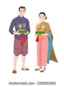 Flat style couple in Loy Krathong festival, culture in Thailand, vector illustration
