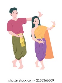 Flat style couple perform Thai folk dance cartoon illustration