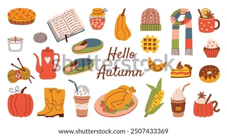 Flat style cozy autumn set featuring seasonal items like pies, knitting supplies, drinks, boots, and cozy accessories. Perfect for fall-themed projects, designs, and creative endeavors.