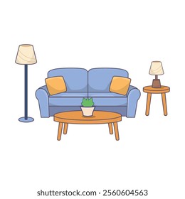 Flat style Cozy Living Room Modern Furniture and Interior Design Clipart isolated white background