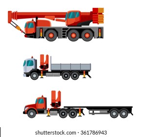 Flat style cranes mounted on trucks. Vector crane truck contruction set. Vector isolated illustration
