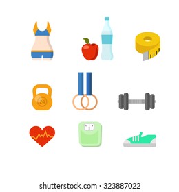 Flat style creative modern athletics sports competition sportsman health exercise web app concept vector icon set. Costume water meter tape weight rings barbells scales heart. Website icons collection