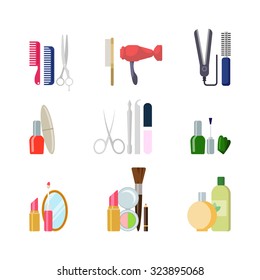 Flat style creative modern beauty shop salon web app concept icon set. Comb scissors hairdryer nail polish manicure makeup tools. Website icons collection.