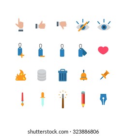 Flat style creative modern mobile web app concept icon set. Like dislike touch eye label heart like fire database trash can bell pin pipette brush magic wand pencil. Website icons collection.