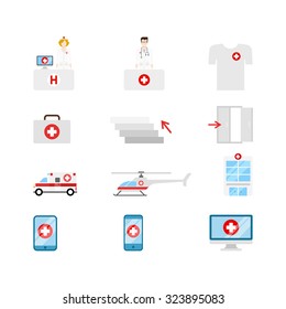 Flat style creative modern mobile medical hospital transport people gadget computer web app concept icon set. Nurse doctor t-shirt emergency briefcase stairs ambulance helicopter tablet infographics.