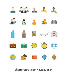 Flat style creative modern mobile web app concept icon set. People profile skyscraper plane emergency medical briefcase kit time stopwatch globe wallet card shield protection. Website icons collection