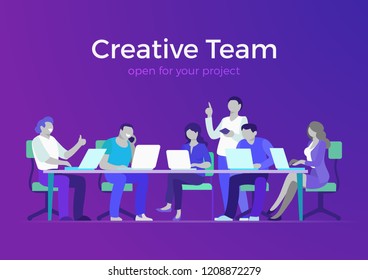 Flat style creative team web infographic vector. Business meeting room, report or presentation. Group businesspeople sitting, looking to laptop. Teamwork and staff concept