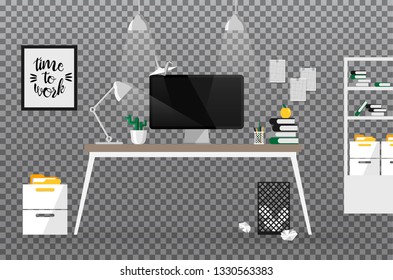 Flat style of creative workspace with black brick wall. Modern workplace in the room on transparent background. Working place concept . Vector illustration
