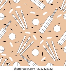 Flat Style Cricket Equipments Seamless Pattern Background.