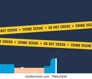 flat style crime scene with corpse. cartoon simple trend modern graphic design isolated on background. concept of do not cross yellow tape at crime scene place or arrest the killers or suicide body
