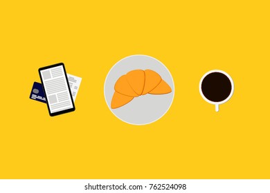 flat style croissant and coffee with receipt and credit card below mobile phone