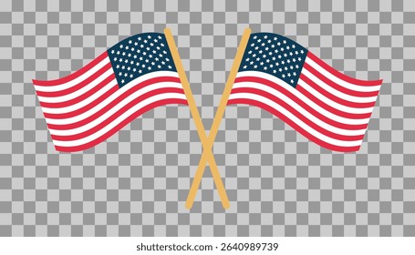Flat style crossed USA flags with transparent background for patriotic and national designs.
