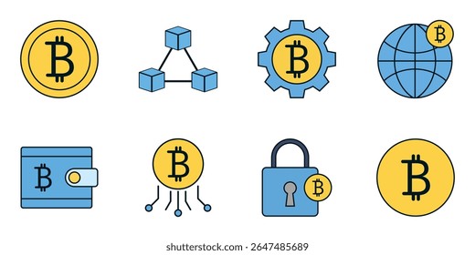 Ícones de criptomoeda de estilo plano, incluindo blockchain, carteira, bitcoin, transação global e pagamento seguro