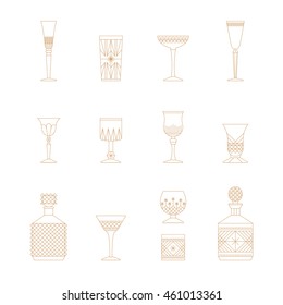 Flat Style Crystal Glass Vector Icon Set. Thin Lines Web Icons Set. Champagne, Wine, Cognac, Cocktail, Ale, Vodka, Irish Cream, Liquor, Whiskey, Bourbon, Brandy, Calvados.