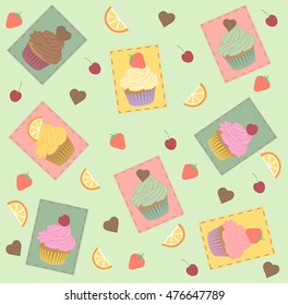Flat style cupcake seamless pattern. Vector seamless pattern of different cupcakes. Chocolate, strawberry, mint cupcake. Cupcake pattern with vertical line strip