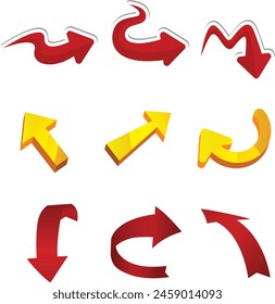 Flat style curved arrow icon collection isolated. different kinds of arrow symbol indicator. for your apps, websites and UI or UX design, Collection of different red arrows on white background.