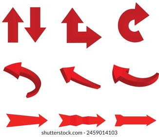 Flat style curved arrow icon collection isolated. different kinds of arrow symbol indicator. for your apps, websites and UI or UX design, Collection of different red arrows on white background.