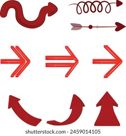 Flat style curved arrow icon collection isolated. different kinds of arrow symbol indicator. for your apps, websites and UI or UX design, Collection of different red arrows on white background.