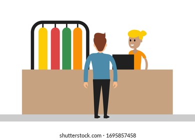Flat style of customer and cashier in dry cleaning service isolated on white background
